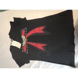 Black Short Sleeve T-Shirt with Red and Pearl Embellished Bow Design